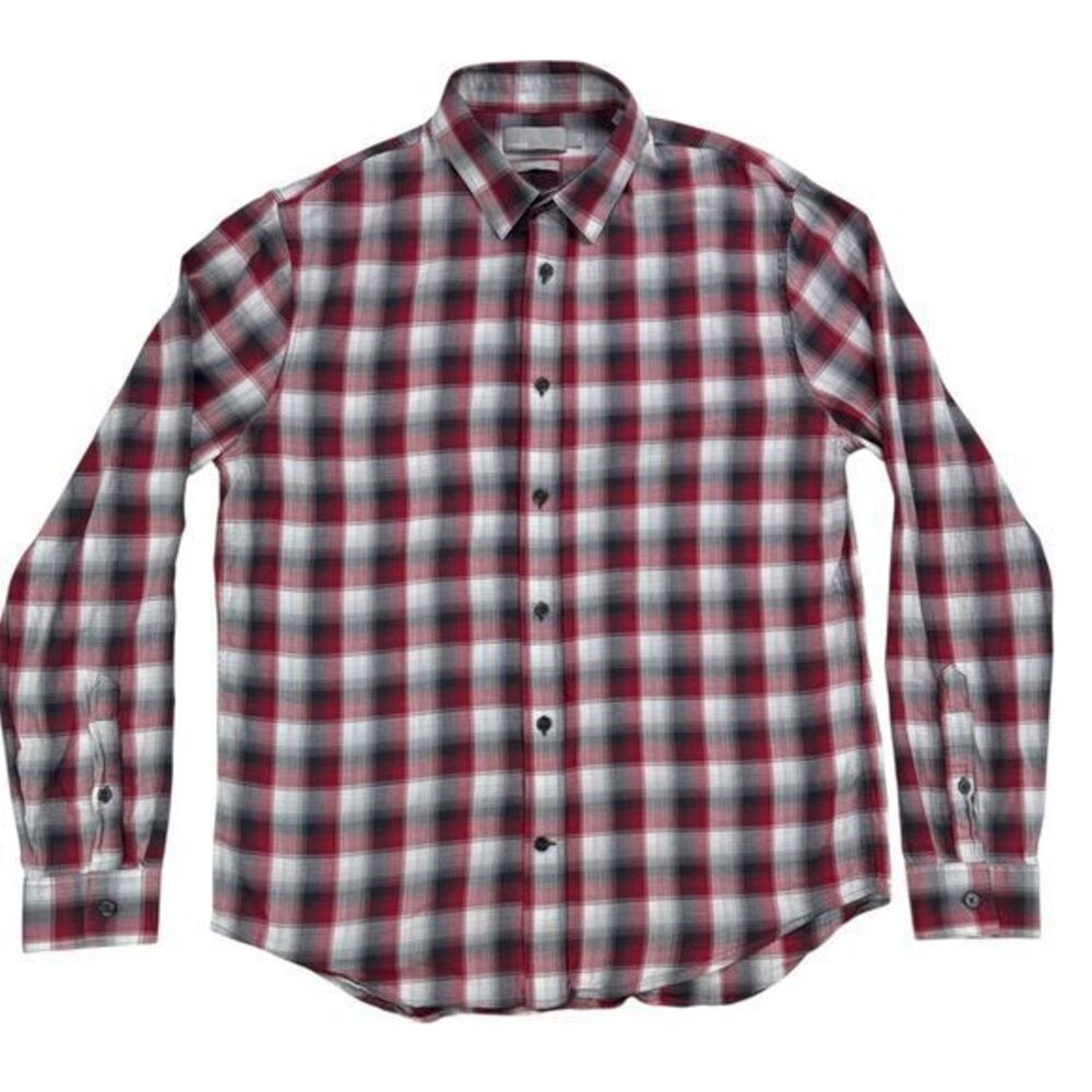 Vince Classic Fit Plaid Shirt Men's M Red‎ Gray Button Front M4897-1362